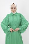 Yeşil Çizgi Desenli Balok Kol Tesettür Elbise