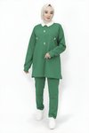 Yeşil Gömlek Yaka İnci Taş Detaylı İki İp Tesettür Takım