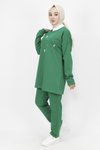 Yeşil Gömlek Yaka İnci Taş Detaylı İki İp Tesettür Takım
