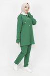 Yeşil Gömlek Yaka İnci Taş Detaylı İki İp Tesettür Takım