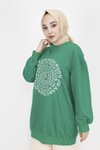 Yeşil Nakış Yazı Taş Detaylı Sweatshirt Tunik