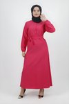 Fuşya Keten Kemerli Düğmeli Tesettür Elbise