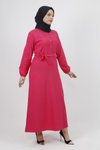 Fuşya Keten Kemerli Düğmeli Tesettür Elbise