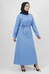 Mavi Keten Kumaş Kemerli Düğmeli Tesettür Elbise