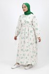 Yeşil Dijital Desenli Keten Düğmeli Tesettür Elbise