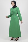 Yeşil Keten Kumaş Kemerli Düğmeli Tesettür Elbise