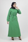 Yeşil Keten Kumaş Kemerli Düğmeli Tesettür Elbise