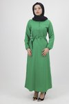 Yeşil Keten Kumaş Kemerli Düğmeli Tesettür Elbise