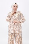Bej Desenli İkili Pamuklu Saten Tesettür Takım