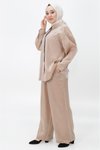 Bej İkili Pamuklu Saten Kumaş Önü Taşlı Tesettür Takım
