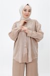 Bej İkili Pamuklu Saten Kumaş Önü Taşlı Tesettür Takım