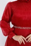 Bordo Dalya Kumaş Taşlı Kemerli Tesettür Abiye Elbise