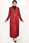 Bordo Kruvaze Yaka Double Kumaş Pilise Detaylı Tesettür Elbise