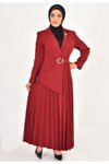 Bordo Kruvaze Yaka Double Kumaş Pilise Detaylı Tesettür Elbise
