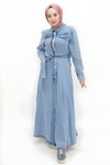 Buz Mavi Kot Düğmeli Cep Detaylı Tesettür Elbise