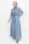 Buz Mavi Kot Düğmeli Cep Detaylı Tesettür Elbise