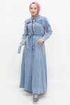 Buz Mavi Kot Düğmeli Cep Detaylı Tesettür Elbise