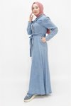 Buz Mavi Kot Düğmeli Cep Detaylı Tesettür Elbise