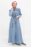 Buz Mavi Kot Düğmeli Cep Detaylı Tesettür Elbise