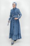 Buz Mavi Kot Kumaş Uzun Düğmeli Kemerli Tesettür Elbise