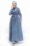 Buz Mavi Kot Yaka Fermuarlı Kemerli Tesettür Elbise