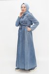 Buz Mavi Kot Yaka Fermuarlı Kemerli Tesettür Elbise