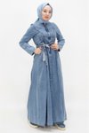 Buz Mavi Kot Yaka Fermuarlı Kemerli Tesettür Elbise