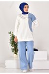Ekru Taş Baskılı Yazı Nakışlı İkili Tesettür Takım