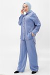 İndigo İkili Pamuklu Saten Yanı Taşlı ve Broşlu Tesettür Takım