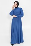 İndigo Şifon Kumaş Kruvaze Yaka Tesettür Abiye Elbise