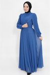 İndigo Şifon Kumaş Kruvaze Yaka Tesettür Abiye Elbise