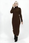 Kahve Fitilli Triko Boğazalı Tesettür Elbise