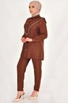 Kahverengi Lina Keten Kumaş Taş Detaylı Tesettür Takım