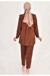 Kahverengi Lina Keten Kumaş Taş Detaylı Tesettür Takım