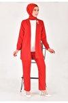 Kırmızı Üçlü Krep Kumaş Taş Aksesuar Detaylı Tesettür Takım