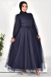 Lacivert Dalya Kumaş Kemerli Tesettür Abiye Elbise