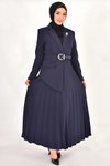Lacivert Double Kumaş Pilise Detaylı Kruvaze Yaka Tesettür Elbise