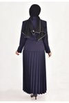 Lacivert Double Kumaş Pilise Detaylı Kruvaze Yaka Tesettür Elbise