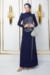 Lacivert Nursema Taşlı Krep Abiye Elbise