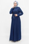 Mavi Kot Yaka Fermuarlı Kemerli Tesettür Elbise