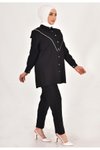 Siyah İkili Lina Keten Kumaş Taş Detaylı Tesettür Takım