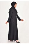 Siyah Kruvaze Yaka Eteği Pilise Detaylı Tesettür Elbise