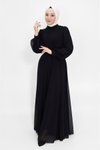 Siyah Kruvaze Yaka Şifon Kumaş Tesettür Abiye Elbise