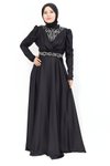 Siyah Taş Baskılı Kruvaze Görünümlü Saten Tesettür Abiye Elbise