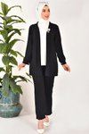 Siyah Üçlü Krep Kumaş Taş Detaylı Tesettür Takım