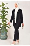 Siyah Üçlü Krep Kumaş Taş Detaylı Tesettür Takım