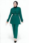 Yeşil Krep Kumaş İkili Kemeri Taşlı Tesettür Takım