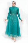 Yeşil Tül Kumaş Önü Taş Detaylı Tesettür Abiye Elbise