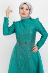 Yeşil Tül Kumaş Önü Taş Detaylı Tesettür Abiye Elbise