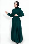 Zümrüt Şifon Kumaş Kruvaze Yaka Tesettür Abiye Elbise